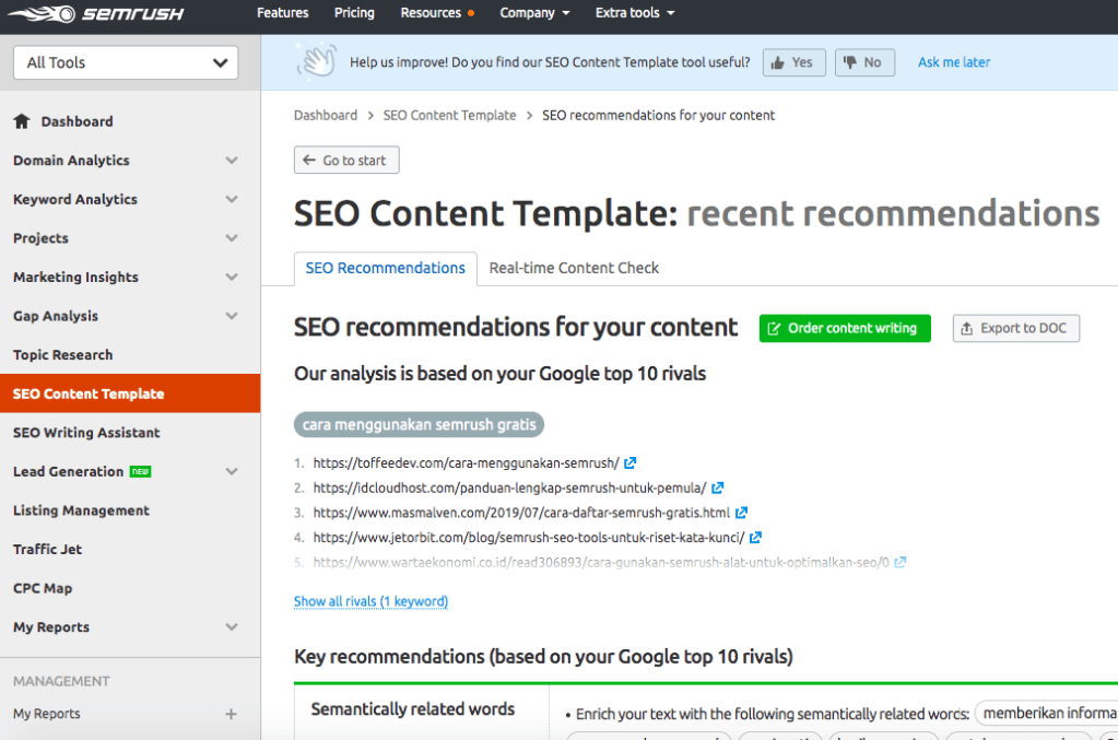cara menggunakan SEMrush gratis